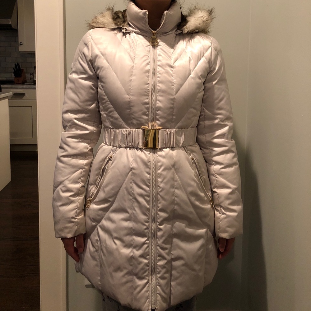 Cute, Off white, down jacket with a fur hood